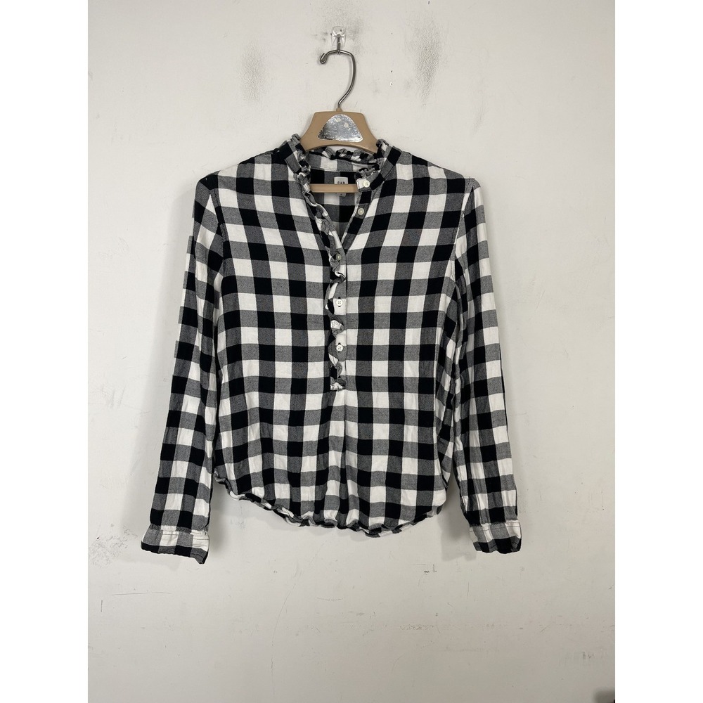 Gap Womens Black White Buffalo Plaid Ruffle Henley Long Sleeve Blouse Size M‎
